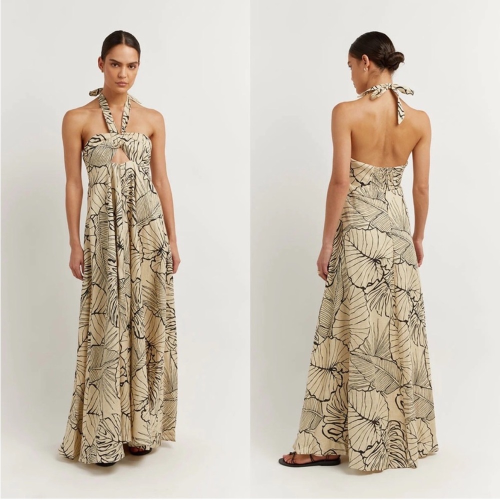 DISSH (EUC) | Malta Halter Linen Knot Dress Palm Leaf Maxi Dress - Picture 5 of 11